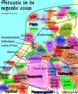 Gouwindeling van het Nederrijnse gebied in de negende eeuw (klik op de kaart voor een grotere afbeelding (207 kB).