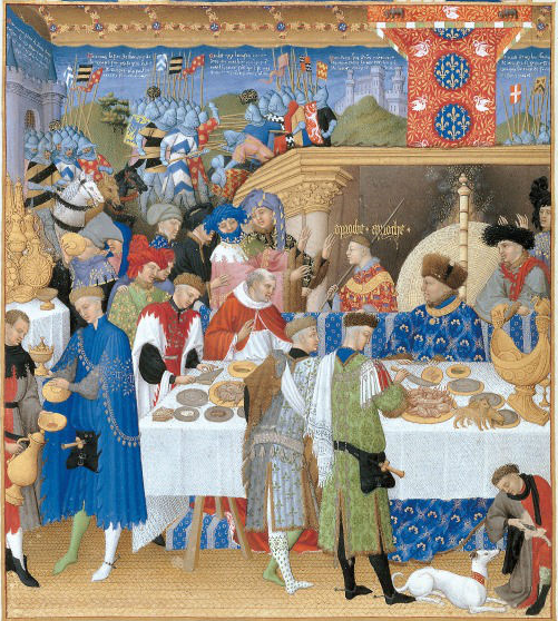 Hofmaaltijd met functionarissen en dienaren, miniatuur van de gebroeders Van Limburg, ca. 1410–1416. Bron: gebroeders Van Limburg, Les Très Riches Heures du duc de Berry, ca. 1410–1416, Chantilly, Musée Condé, ms. 65, fol. (maandblad met hofscène).