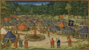 Middeleeuws kampement naar reconstructie Hendrik Pahl. (AI-gegenereerd)