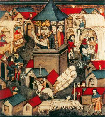 Gereguleerde markt als publieke ruimte (Bron: miniatuur uit het Pontificale Senonense, ca. 1400. Parijs, Bibliothèque nationale de France, MS Lat. 962).