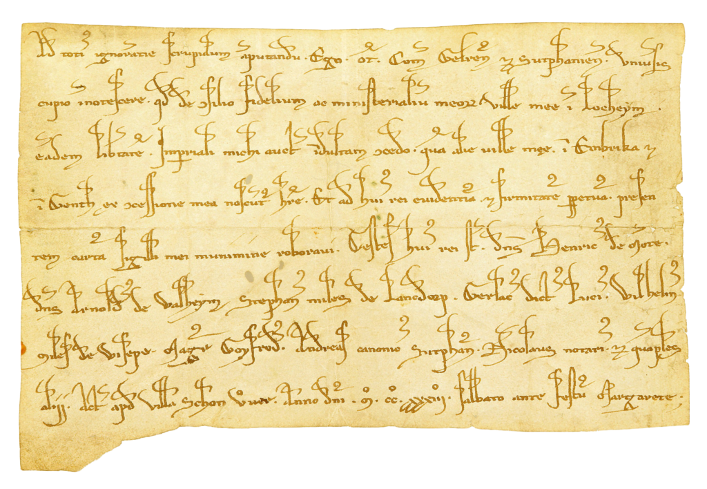 Het stadsrecht van Lochem (1233), waarin de rechten en plichten van de stedelijke gemeenschap door de landsheer worden vastgelegd. Bron: Erfgoedcentrum Zutphen, Archief NL-ZuRAZ-1001.