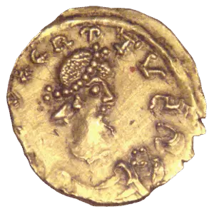 Gouden solidus van Dagobert I, geslagen te Marseille, 623–629. Cabinet des Médailles, Parijs (Creative Commons Attribution-Share Alike 3.0 Unported license.).