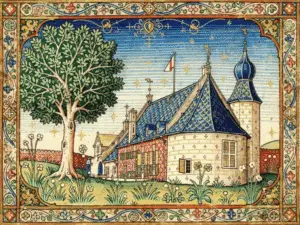 Het kasteel van Coevorden. De huidige bebouwing staat op het restant van de middeleeuwse motte waarop de burggraven hun versterking hadden (AI-gegenereerd naar foto auteur)..