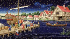 Lossende kogge aan een stadskade. De kogge is vanaf de dertiende eeuw het belangrijkste vrachtschip voor de Hanze-handel langs de IJssel. (AI-gegenereerd)