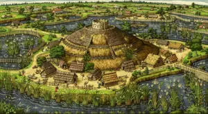 Reconstructie van een bisschoppelijke motte-burcht aan de rand van een waterrijk gebied, zoals de vroegste versterking bij Vollenhove er omstreeks 1165 kan hebben uitgezien (AI-gegenereerd).