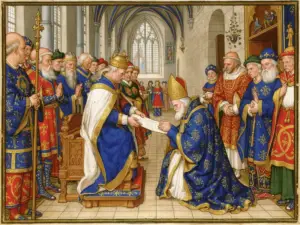 Reconstructie van een investituur: een keizer verleent grafelijke rechten aan een bisschop. Scènes als deze vormden de grondslag van het bisschoppelijke landsheerschap (AI-gegenereerd).