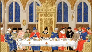 Een schepenbankvergadering in een middeleeuwse raadszaal. De richter zit de vergadering voor; een klerk legt de besluiten vast in het keurboek (AI-gegenereerd).