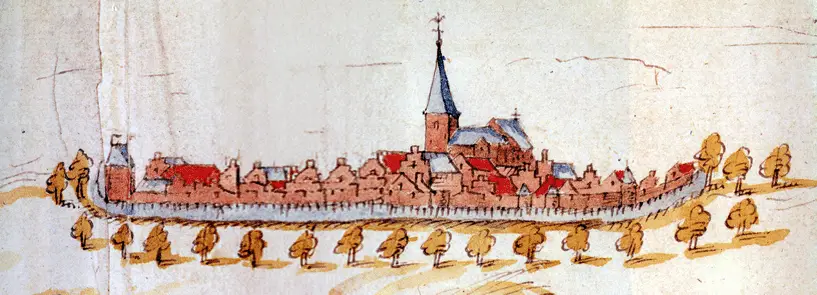 Zevenaar in 1577. De drie lagen van het middeleeuwse stadsbeeld zijn herkenbaar: stadsmuur met poorten, burgerbebouwing, en de kerktoren als hoogste punt.