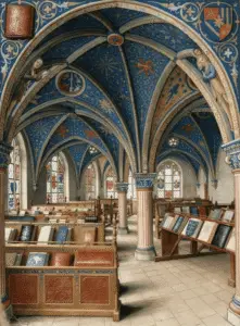 De Librije van de Walburgiskerk in Zutphen (1564). De boeken liggen nog geketend op hun lessenaars — een van de laatste kettingbibliotheken in Europa. De collectie weerspiegelt het intellectuele milieu van het kapittel van Sint-Walburga (foto Wikepedia met AI bewerkt).