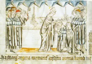 Kroning van Hendrik VII en zijn gemalin Margaretha van Brabant in de Dom van Aken op 6 januari 1309. Miniatuur uit de Codex Balduini Trevirensis (Balduineum), een geïllustreerde kroniek over Hendriks Italiëtocht die omstreeks 1340 werd vervaardigd in opdracht van de keizer’s broer Boudewijn, aartsbisschop van Trier, zelf ooggetuige van de gebeurtenissen. Landeshauptarchiv Koblenz, Bestand 1 C Nr. 1. Bron: Wikimedia Commons.