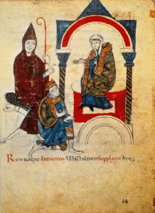 Hendrik IV smeekt markgravin Mathilde van Toscane en abt Hugo van Cluny om bemiddeling bij paus Gregorius VII, januari 1077. Miniatuur uit de Vita Mathildis van Donizo van Canossa, vervaardigd omstreeks 1115 (Vaticaanse Bibliotheek, Cod. Vat. lat. 4922).
