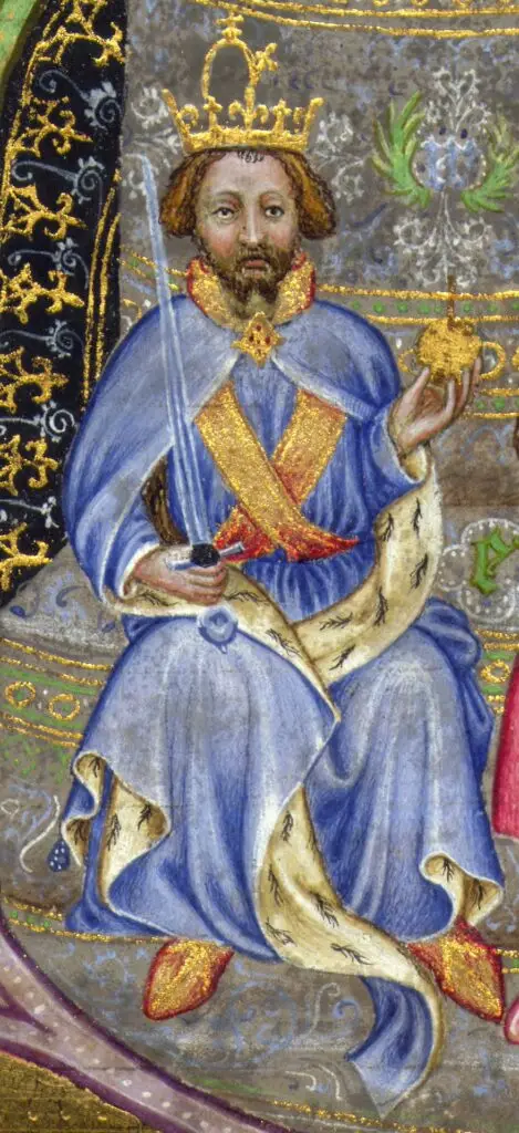 Wenceslaus van Luxemburg, zoon van Karel IV, in vol ornaat als gekroonde vorst. Miniatuur uit de Wenzelsbibel, een zesdelige prachtbijbel in het Duits die tussen circa 1390 en 1400 in Praag werd vervaardigd in opdracht van Wenceslaus zelf. Op 20 augustus 1400 zetten de keurvorsten hem te Oberlahnstein af wegens onbekwaamheid. Österreichische Nationalbibliothek Wien, Cod. 2759–2764. Bron: Wikimedia Commons.