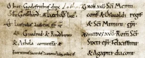 Een opmerkelijk toeval in perkament: Godfried I hertog van Neder-Lotharingen (†5 juni 964) en Adela 'van Hamaland' (†6 juni) op dezelfde pagina van het oudste Xantens necrologium. Reproductie uit W. Bader, Das älteste Totenbuch des Stiftes Xanten, deel 2, Kevelaer 1959, fol. 43v (fragment).