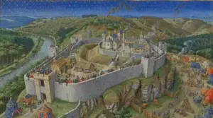 Reconstructie van kasteel Chèvremont boven de Vesder, waar Immo zich in 960 tegen hertog Bruno verschanste (AI-gegenereerd).