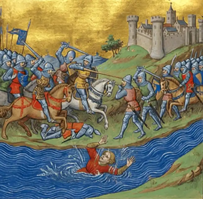 De slag bij Andernach op 2 oktober 939. Giselberts poging de Rijn zwemmend over te steken eindigde fataal. De overwinning van Otto I markeerde het einde van de Lotharingse opstand (AI-gegenereerd).