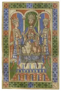 Frederik I 'Barbarossa' op de keizerstroon, geflankeerd door zijn zonen. Miniatuur uit de Historia Welforum, vervaardigd omstreeks 1170–1180 aan een Zuid-Duits scriptorium (Hessische Landesbibliothek Fulda, Cod. D.11).