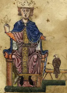Frederik II, door zijn tijdgenoten Stupor Mundi genoemd — 'de verwondering van de wereld'. Als Federico I van Sicilië resideert hij bij voorkeur in Palermo, ver van de Duitse vorstenhoven die hem nooit helemaal vertrouwen. De Arte Venandi cum Avibus (De kunst van het jagen met vogels), Valkenboek, is een 13e-eeuws geïllumineerd Latijns manuscript geschreven door keizer Frederik II (ca. 1245).