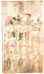 Hendrik VI wordt in 1191 door paus Celestinus III tot keizer gekroond in Rome. De miniatuur is van de hand van Pietro da Eboli, een chroniqueur aan het Hohenstaufse hof in Zuid-Italië.