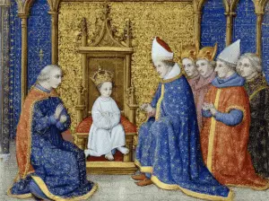 De jonge Lodewijk IV 'het Kind' ontvangt in 903 Gebhard van de Lahngouw, die door het regentschap namens de koning tot hertog van Lotharingen wordt aangesteld (AI-gegenereerd).