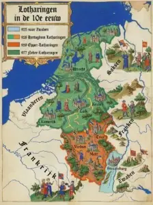 Het hertogdom Neder-Lotharingen na de splitsing van 959. In groen het ambtsgebied van Godfried I. De gestippelde rode lijn geeft de taalgrens weer. (AI-gegenereerd op basis van Joostik, CC0, via Wikimedia Commons).