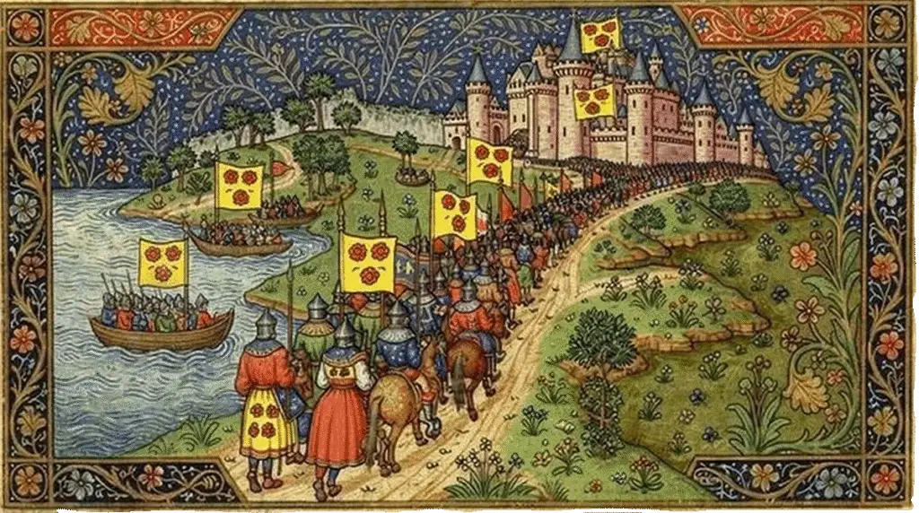 Het kruisvaarderleger vertrekt uit De Graafschap, 1189. Graaf Otto I van Gelre voegt zich met zijn gevolg bij de Derde Kruistocht onder keizer Frederik I 'Barbarossa'. De gele vaandels met rode rozen tonen het oude wapen van Gelre ( AI-gegenereerd).