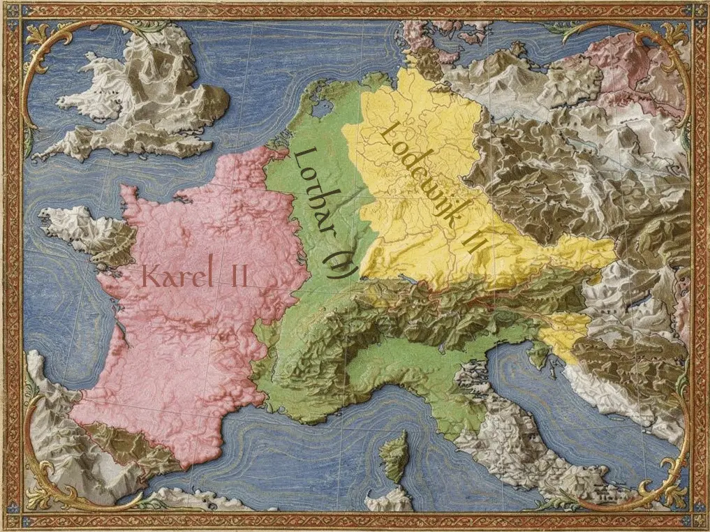 Het Verdrag van Verdun (843). Groen: het Middenrijk van Lothar I. Geel: Oost-Franken van Lodewijk II 'de Duitser', waartoe ook het IJsselgebied behoort. Roze: West-Franken van Karel II 'de Kale' (bron: Wikipedia) met AI bewerkt.