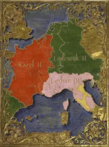 Het Verdrag van Meerssen (870). Het noordelijke deel van Lotharingen wordt verdeeld tussen Oost-Franken (groen) en West-Franken (oranje). De Graafschap en het IJsselgebied liggen buiten dit verdelingsgebied (bron: Wikipedia met AI bewerkt).
