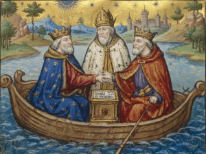 Karel III 'de Eenvoudige' en Hendrik I 'de Vogelaar' sluiten op 7 november 921 op een schip midden op de Rijn bij Bonn een vriendschapsverdrag. Een bisschop treedt op als getuige. Voor Giselbert is bij dit verdrag geen rol weggelegd (AI-gegenereerd).