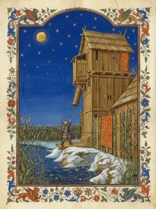 De aanslag op Godfried IV bij de burcht van Vlaardingen, in de nacht van 19 op 20 februari 1076. Een sluipmoordenaar stoot van onder een houten gemak een speer naar boven; de zwaargewonde hertog overlijdt zeven dagen later in Utrecht (AI-gegenereerd).