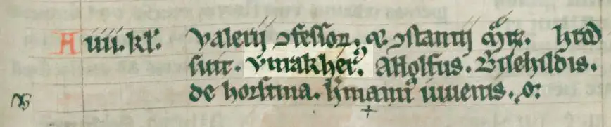 Detail uit de necrologie van Borghorst, p. 17 met de naam Wrachari. De spelling van de naam is in deze vorm in de gehele negende eeuw uitzonderlijk zeldzaam.