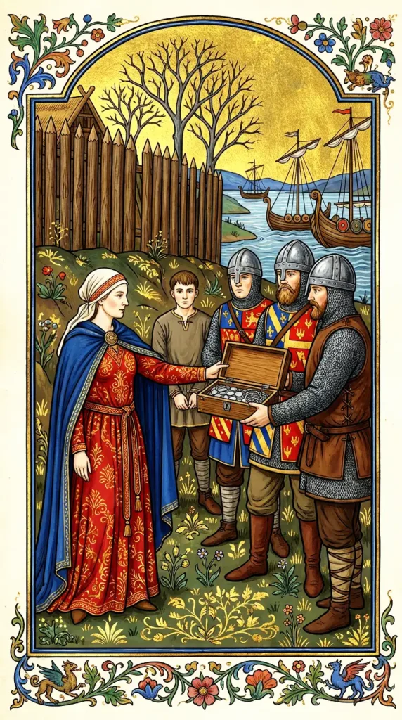 Evesa koopt haar zoon Eberhard vrij (881). De kroniek van Regino van Prüm vermeldt de loskoop, maar niet de omstandigheden ervan (AI-gegenereerd).