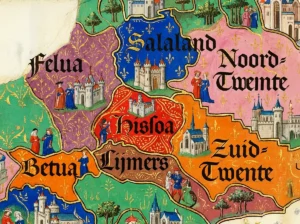Reconstructie van de pagus Hisloa omstreeks 800, waar de bekende schenkingen aan Liudger (Wichmond 794 en 800, Oeken 797) passeerden (AI-gegenereerd).