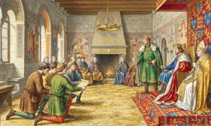 De rijksdag van Nijmegen, 2 april 1018. Keizer Hendrik II ontvangt de Tielse kooplieden, die klagen over de praktijken van graaf Dirk III van Friesland aan de Merwede. Op dezelfde rijksdag wordt de positie van Balderik in de zaak van de moord op Wichman III van Vreden besproken (AI-gegenereerd).