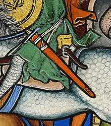 Fragment van strijders met zwaarden aan de heupriem in de slag bij Ai, waarin Jozua's voorhoede door de Amorieten wordt teruggeslagen. Maciejowski Bible (Crusader Bible, Morgan Picture Bible), Frankrijk circa 1244-1254, fol. 10r. New York, Morgan Library & Museum, MS M.638. Bron: Wikimedia Commons (publiek domein).