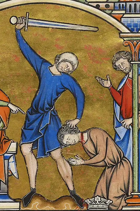 Recab en Baäna doden in zijn slaapkamer Isboseth, de zoon van Saul. De moordenaar hanteert een tweezijdig zwaard van Type XIIIa. Maciejowski Bible (Crusader Bible, Morgan Picture Bible), Frankrijk circa 1244-1254, fol. 38r. New York, Morgan Library & Museum, MS M.638.