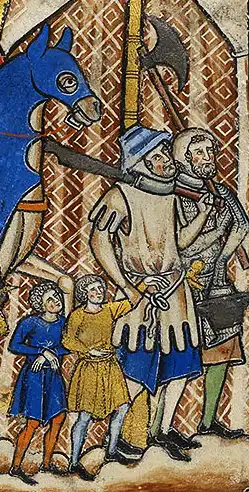 De gevangenneming van Lot. Vier koningen onder leiding van Kedor-Laomer voeren Lot, de neef van Abraham, met zijn gezin gevangen weg uit Sodom. De linker soldaat hanteert een valchioen met eenzijdig geslepen kling en breed uitlopende punt. Maciejowski Bible (Crusader Bible, Morgan Picture Bible), Frankrijk circa 1244-1254, fol. 3r. New York, Morgan Library & Museum, MS M.638.