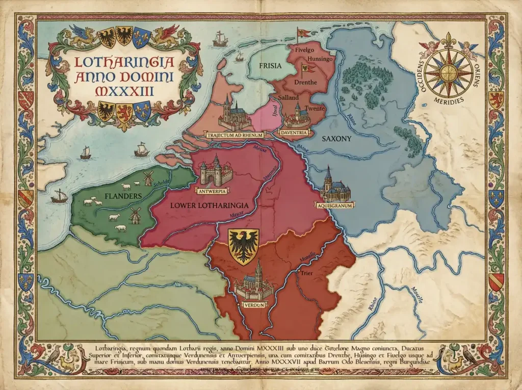 Het ressort van Gozelo I rond 1033: het verenigde hertogdom Lotharingen — Hoger en Lager — met de Verdunse leengraafschappen Drenthe, Salland, Hunsingo en Fivelgo tot aan de Friese zee (AI-gegenereerd).