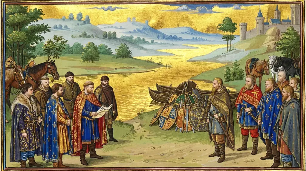 De Frankisch-Deense onderhandelingen aan de Eider in 811. Aan de oever leggen de Deense gezanten hun wapens af terwijl de partijen het verdrag bespreken dat de grens tussen het Frankische rijk en het Deense koninkrijk van Hemming vastlegt. Aan beide zijden treden twaalf gevolmachtigden op; onder de Frankische namen de Annales Regni Francorum een graaf Wichman (I) en Meginhard I(?) (AI-gegenereerd).