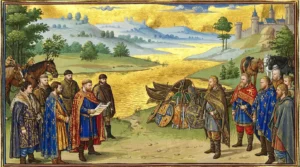 De Frankisch-Deense onderhandelingen aan de Eider in 811. Aan de oever leggen de Deense gezanten hun wapens af terwijl de partijen het verdrag bespreken dat de grens tussen het Frankische rijk en het Deense koninkrijk van Hemming vastlegt. Aan beide zijden treden twaalf gevolmachtigden op; onder de Frankische namen de Annales Regni Francorum een graaf Wichman (I) en Meginhard I(?) (AI-gegenereerd).