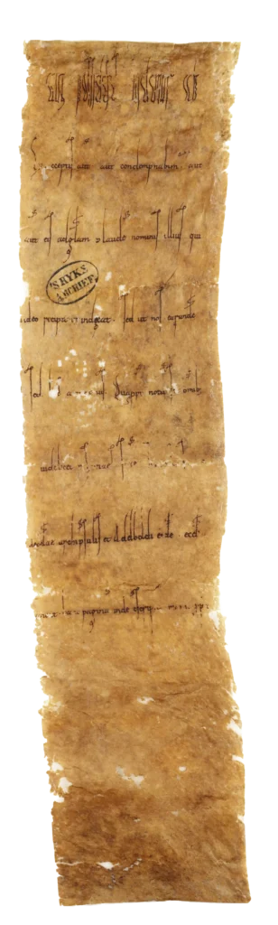 Fragment van de oorkonde van 26 juli 1025 waarmee koning Koenraad II Drenthe aan bisschop Adelbold van Utrecht schenkt. De akte werd na de verzoening met hertog Gozelo I in december 1025 formeel geannuleerd in ruil voor het zuidelijker gelegen Teisterbant, maar het stuk bleef bewaard. Bijna vier eeuwen later, op 24 april 1419, liet de Utrechtse bisschoppelijke officiaal het origineel via een vidimus opnieuw bevestigen — een teken dat de Utrechtse aanspraken op Drenthe nog altijd levend werden gehouden. Het Utrechts Archief, toegang 218-1, Bisschoppen van Utrecht.