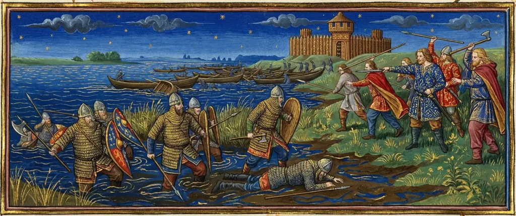 De Slag bij Vlaardingen, 29 juli 1018. De zwaarbewapende keizerlijke troepen onder hertog Godfried II raken vast in het drassige terrein, terwijl Dirk III en zijn Friese boerenmilitie vanaf de hogere droge grond aanvallen (AI-gegenereerd).