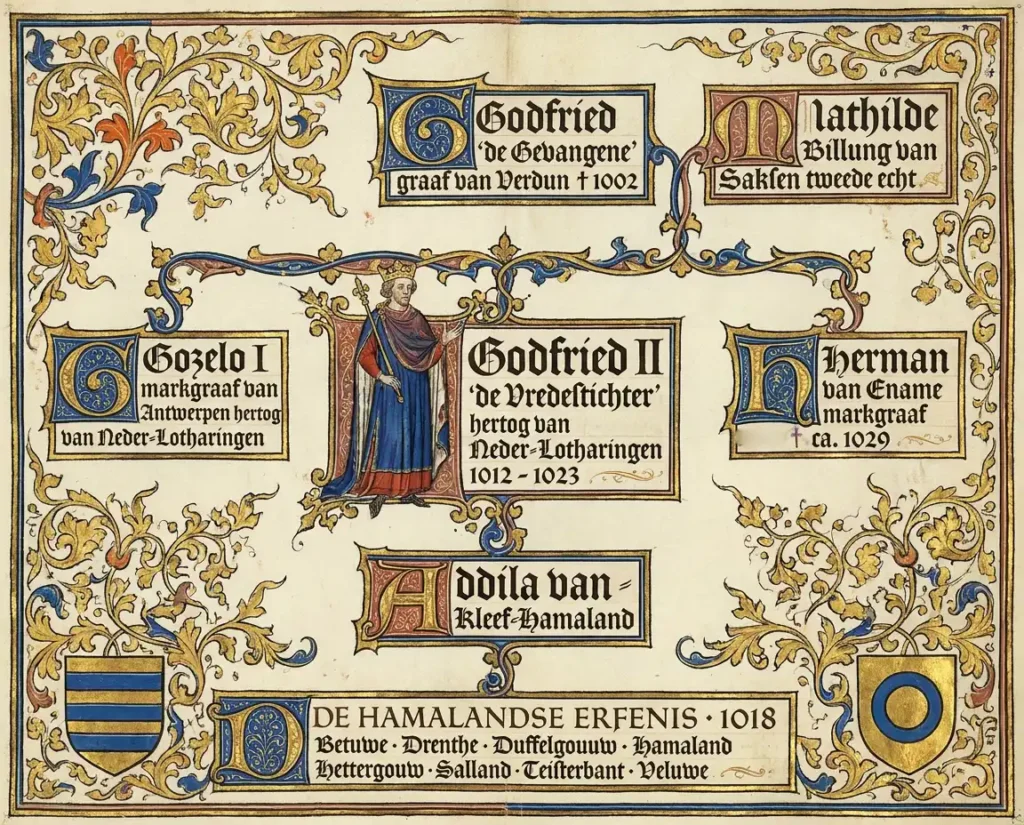 Het huis Verdun en zijn aanverwanten, generaties rond 1000-1030. Via het huwelijk van Godfried II met Addila van Kleef-Hamaland verwerft het huis aanspraken op de noordelijke Hamalandse boedel (AI-gegenereerd).