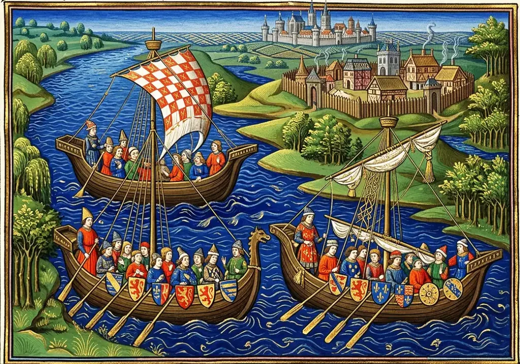 Een Vikingvloot op de Rijn in de jaren-840. In de loop van die jaren plunderen Deense aanvoerders meermalen het Nederrijnse gebied, totdat in 847 ook de handelspost Meginhardeswich aan beurt komt (AI-gegenereerd).