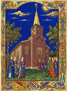De huidige Sint-Liudgerkerk te Wichmond, op de plek waar Liudger volgens de overlevering aanvankelijk zijn klooster had willen stichten. Foto: [Michiel Verbeek; Wikimedia Commons]; AI-gegenereerd).
