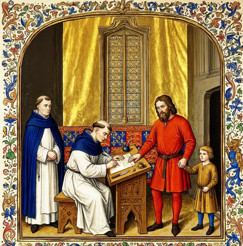 Het opstellen van de schenkingsakte van 9 oktober 794 te Brummen, waarbij Wrachari allodiaal bezit te Wichmond overdraagt aan Liudger (AI-gegenereerd).