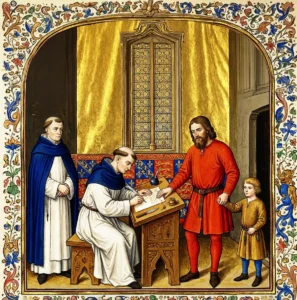 Het opstellen van de schenkingsakte van 9 oktober 794 te Brummen, waarbij Wrachari allodiaal bezit te Wichmond overdraagt aan Liudger (AI-gegenereerd).