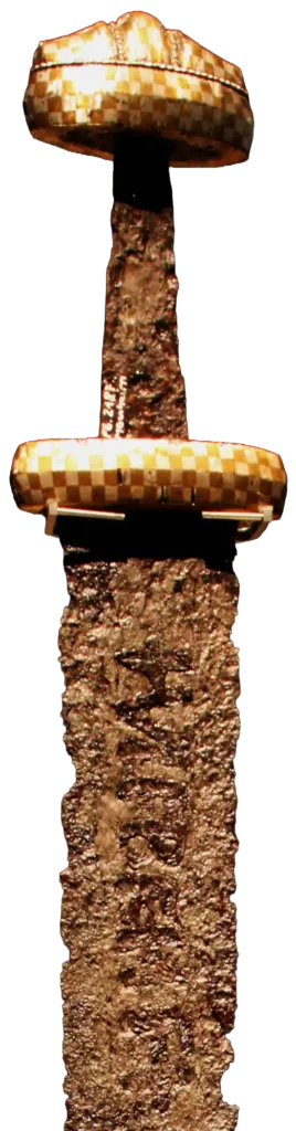 Ulfberht-zwaard, eerste helft van de negende eeuw, gevonden in de Rijn bij Mannheim. De inlay met de naam VLFBERHT is duidelijk zichtbaar. Germanisches Nationalmuseum, Neurenberg. Foto: Wikimedia Commons (Anagoria, CC BY 3.0).