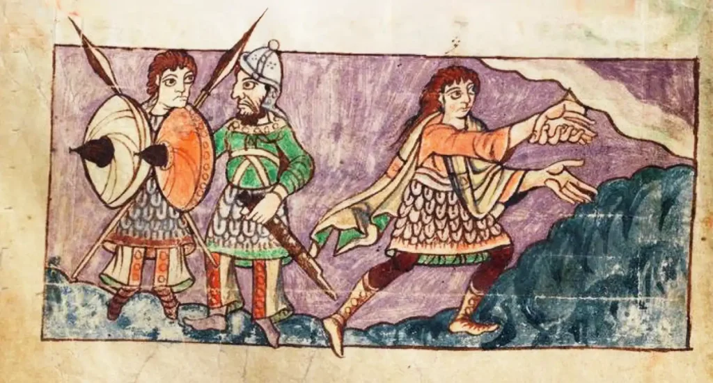 Twee gewapende mannen met ronde schilden en werpspiesen in het Stuttgarter Psalter (omstreeks 820–830, folio 5v). De zwarte, sterk uitstekende umbo en de conische helm zijn in kleur weergegeven, waar de pentekeningen van het Utrechtse Psalter slechts de omtrek geven. Bron: Stuttgarter Psalter - Cod.bibl.fol.23.