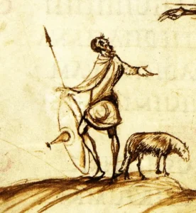 Detail uit het Utrechtse Psalter (omstreeks 830, folio 30v). Een krijger met zijn ronde schild in zijaanzicht; de centrale umbo steekt als een halfronde knop naar voren en overdekt het gat waarin de vuist het schild vasthoudt. Het handschrift berust sinds 1716 in Utrecht. Bron; Psalterium Latinum / UBU Hs. 32.