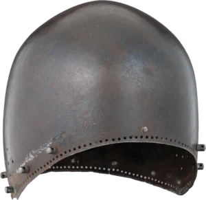 Bascinet met bout voor een klapvizier. De bout markeert de overgang naar de vizierhelm. (Bron: Metropolitan Museum, Object Number: 29.158.33)